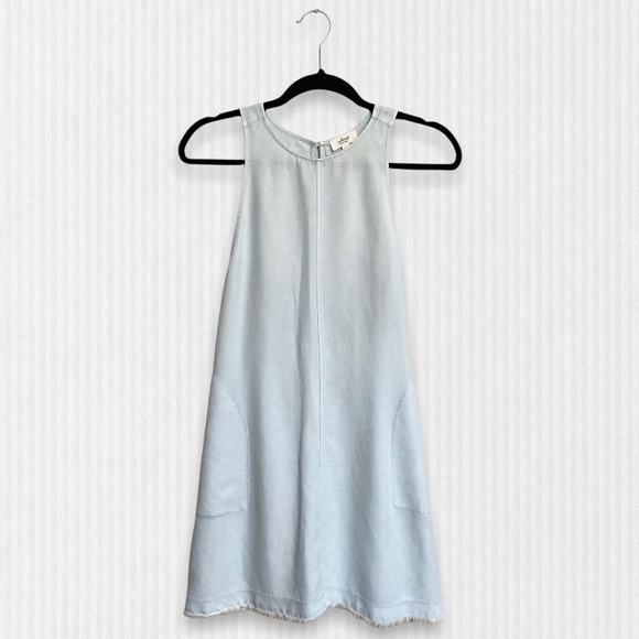 Wilfred Aritzia Trompette Linen Mini Dress Light Blue Raw Hem Pockets - Picture 2 of 12